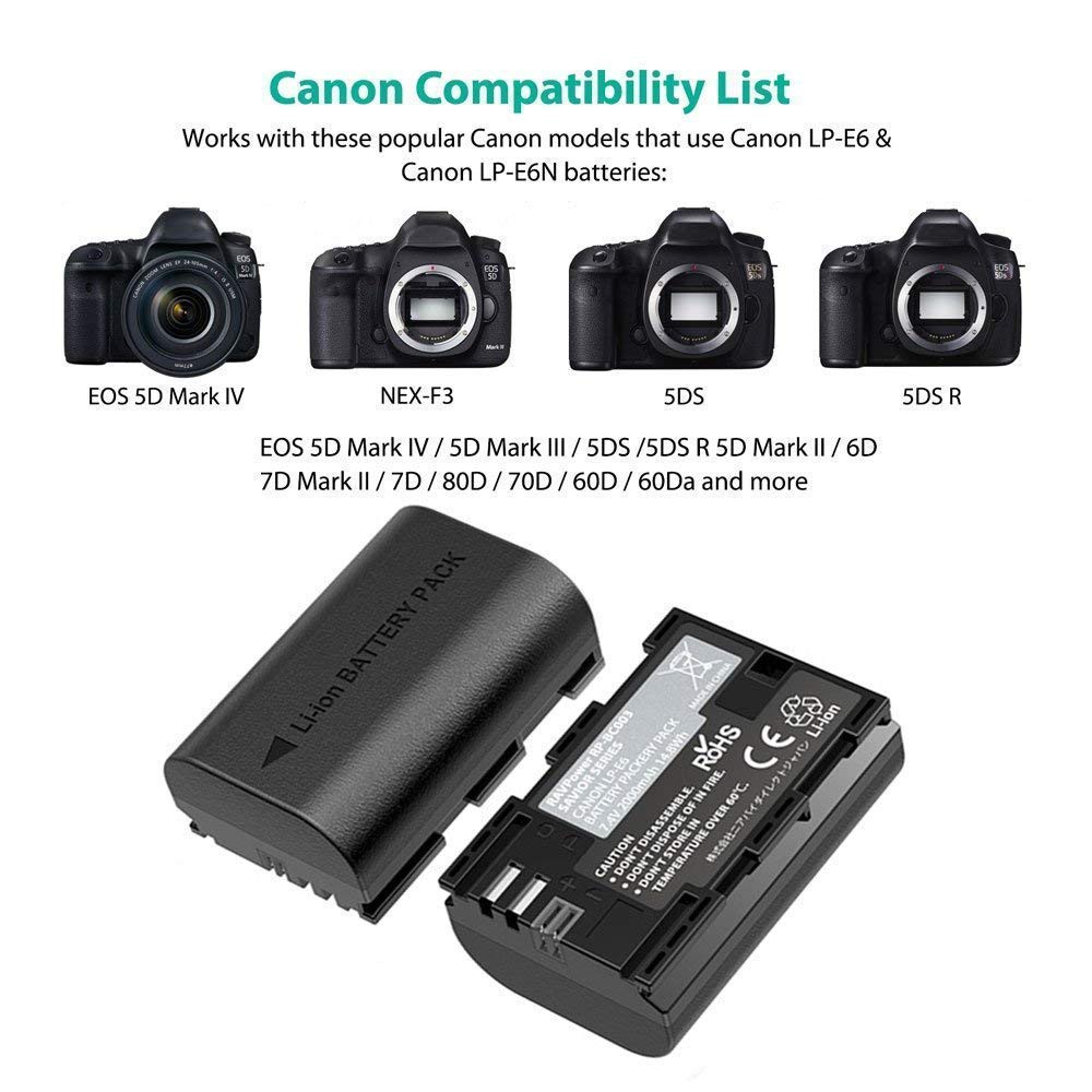 Bộ 2 pin RavPower LP-E6 và sạc đôi cho CANON LP-E6 5D II, 5D III, 60D, 70D, 7D, 80D,5D MARK IV (Hàng chính hãng)