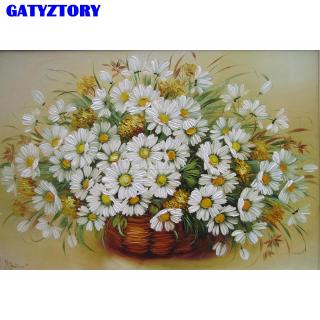 Tranh vẽ màu acrylic đánh số không có khung hình giỏ hoa cúc 50x40cm