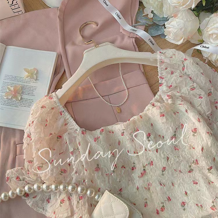 Áo Kiểu Tay Ngắn Cổ Vuông In Họa Tiết Hoa Phong Cách retro Thời Trang Hàn Quốc Dành Cho Nữ