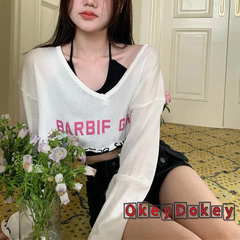 Bộ Trang Phục 2 Mảnh Gồm Áo Croptop Sát Nách Cổ Yếm Và Áo Thun Dài Tay In Chữ Thời Trang Dạo Phố Cho Nữ