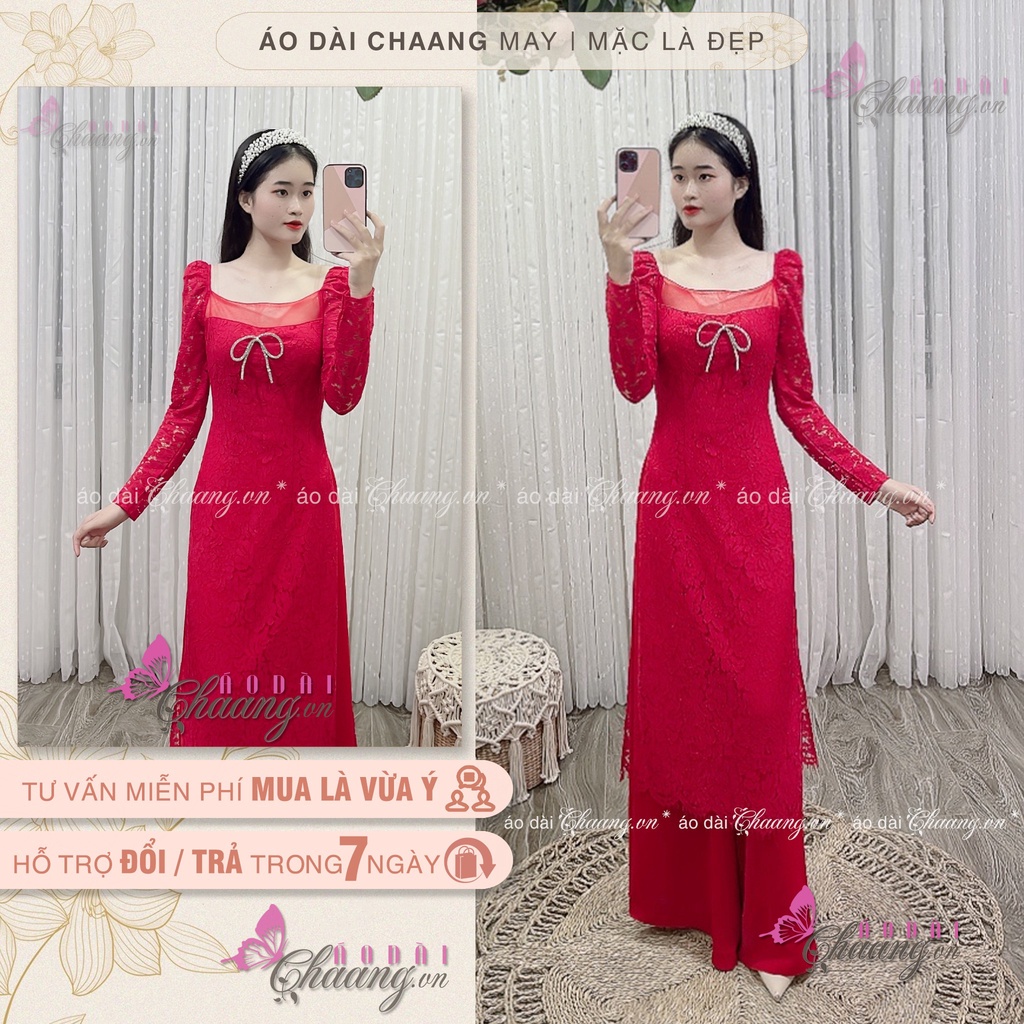 Áo Dài Ren Trắng Cách Tân 4 Tà Đính Nơ Đá Đẹp Cổ Vuông Trễ Vai Bồng Xinh Tiểu Thư