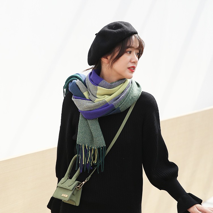 Khăn len mịn quàng cổ kẻ caro phối màu thời trang