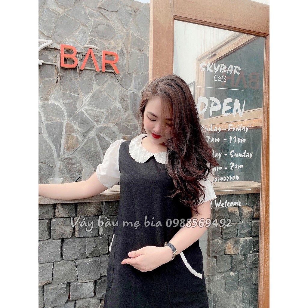 Váy bầu bigsize - Đầm bầu thiết kế GuMe màu Đen Tay Bo Cổ Trắng Bèo Dáng Suông size 40-100kg  MB210 - ảnh thật