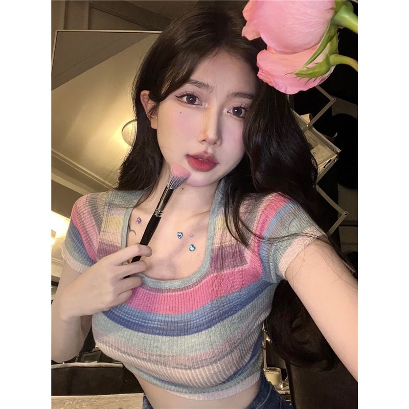 Áo Thun Tay Ngắn Cổ Vuông Họa Tiết Sọc Màu Loang Thời Trang Dành Cho Nữ