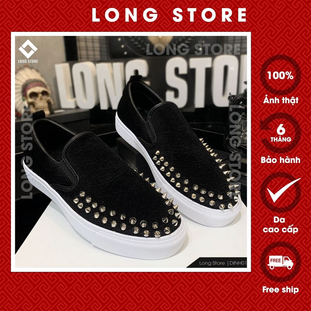 Giày lười nam đính đinh da lộn vân da cá LONGSTORE giày slip on nam cao cấp hàng đẹp loại xịn DINH01