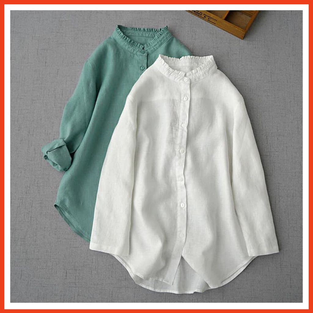 Áo Sơmi Nữ Thu Đông Dài Tay Cổ Bèo Dáng Suông Đuôi Cá Chất Liệu Linen