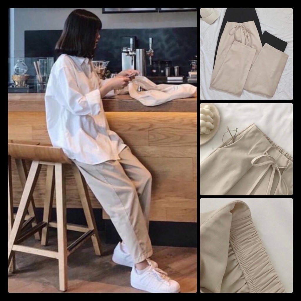 Quần vải kaki ống suông cho nữ chun sau freesize 3 màu basic phong cách vintage thời trang