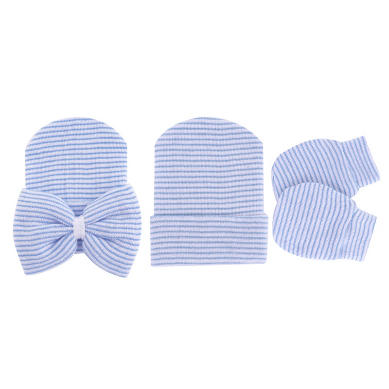 Bộ Găng Tay + Mũ + Găng Tay Cotton Mềm Mại Chống Xước Đính Nơ Xinh Xắn Cho Bé 0-1 Tuổi