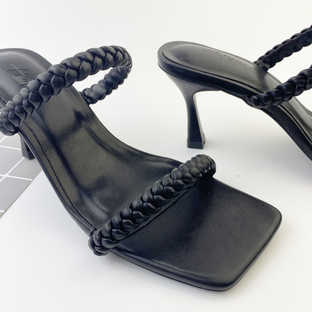 Guốc cao gót nữ đế vuông đẹp dáng dép sandal cao 7p 2 quai ngang tết bính S003