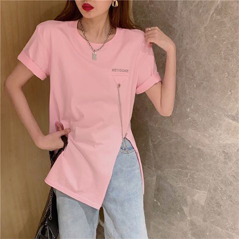 Áo Thun Cotton Trơn Dáng Rộng Xẻ Tà Phối Dây Xích Thời Trang Mùa Hè Dành Cho Nữ 2022