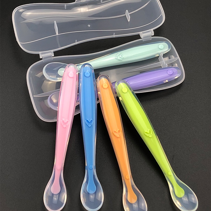 Set 2 Thìa Ăn Dặm Cho Bé Bọc Silicon Bảo Vệ Nướu kèm hộp