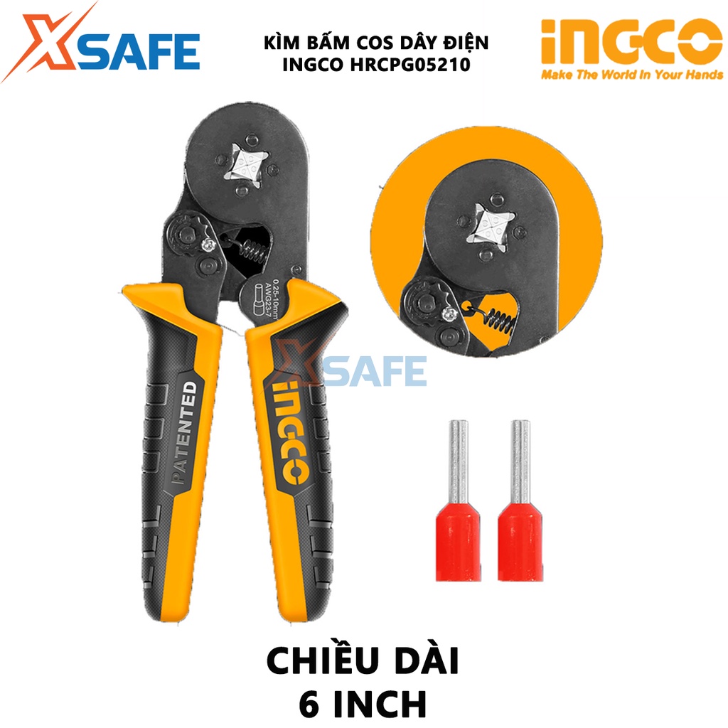 Kìm bấm cos dây điện Ingco HRCPG05210 size 6", phạm vi bấm 0,25-10mm, dùng ép, bấm chặt đầu cos với cáp