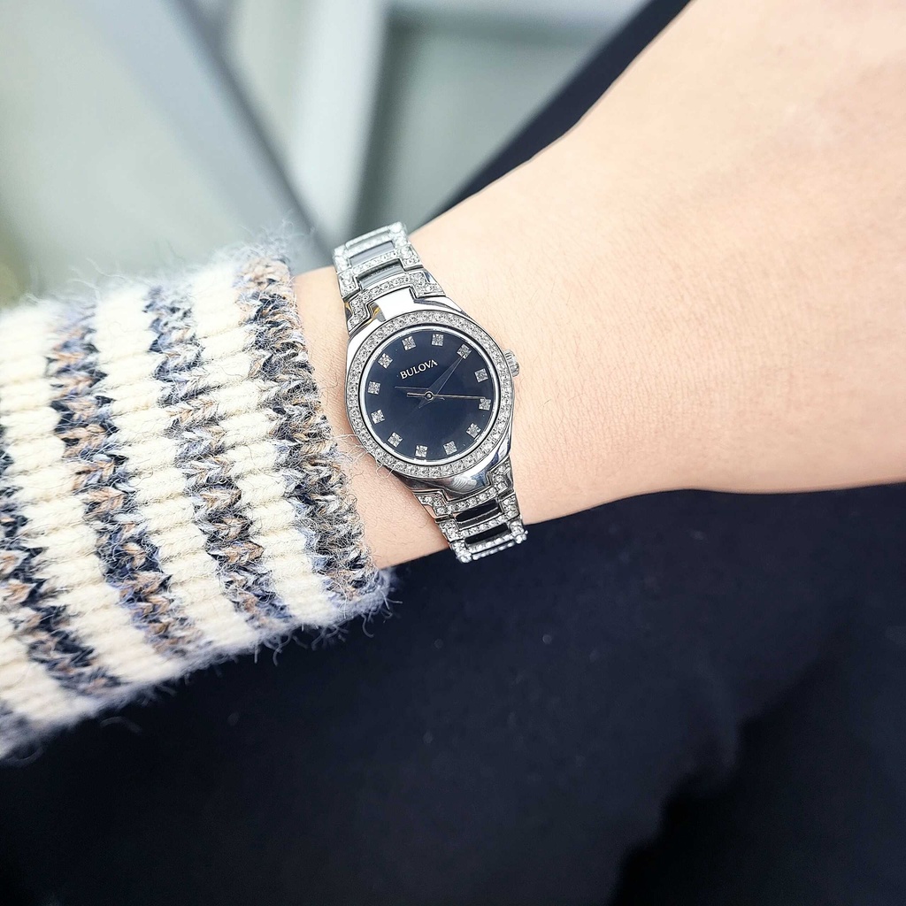 Đồng Hồ Nữ Bulova 96L170 Pin Dây Sắt Mặt Đen