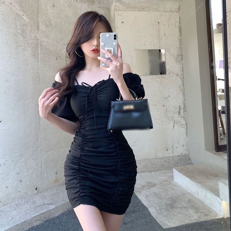 Brroa Đầm Ngắn Mini Ôm Dáng Tay Phồng Cổ Vuông Có Gân Co Giãn Dành Cho Nữ Dự Tiệc