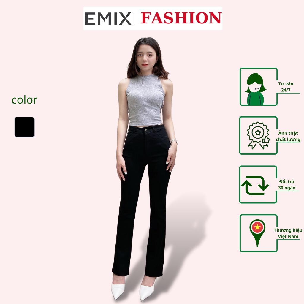 Quần jean trơn ống loe EMIX (màu đen), basic trousers, dáng dài 90cm, cạp cao, khóa giữa, ống ôm và loe, vải jeans 810