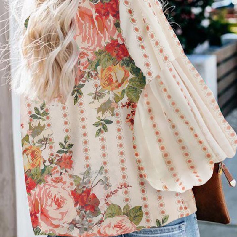 Áo Sơ Mi Mùa Thu Dáng Rộng Cổ Tròn Tay Phồng In Họa Tiết Hoa Kẻ Sọc Cổ Điển Cho Nữ