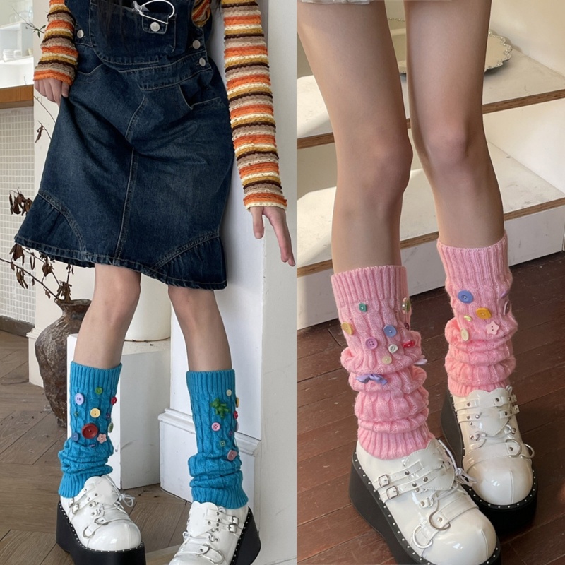 Brroa Jk Vớ Dệt Kim Dài Đến Đầu Gối Phối Nút Ấm Áp Phong Cách Lolita