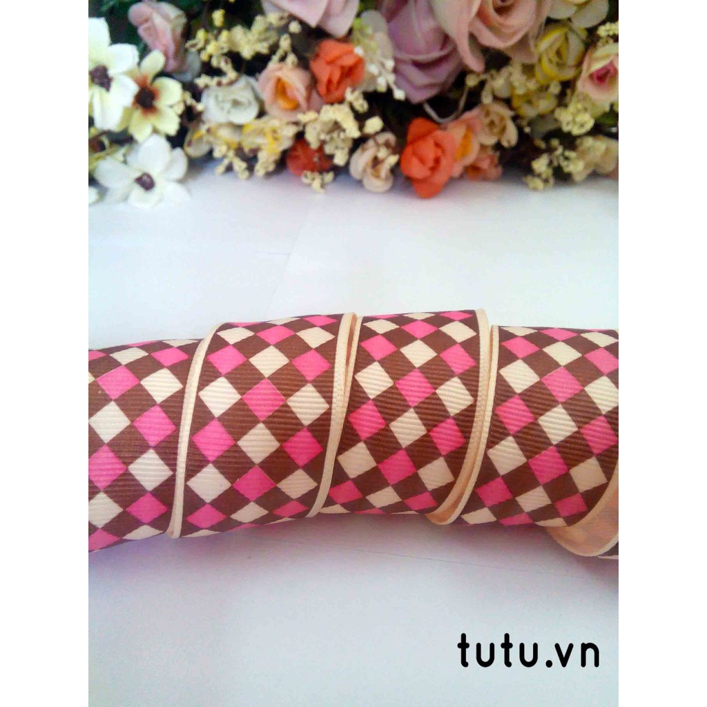 RUY BĂNG GÂN 25MM HỌA TIẾT KẺ CARO BÀN CỜ HT25-020 RUY BĂNG DIY HANDMADE LÀM NƠ BỜM KẸP TÓC