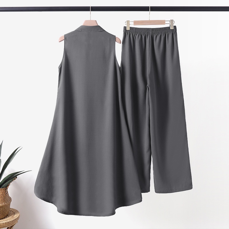 Bộ đồ ZANZEA gồm áo không tay vạt không đối xứng + quần dài ống rộng eo co giãn phong cách thời trang