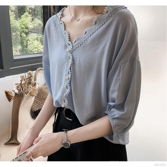 Áo sơ mi kiểu tay lỡ cổ V viền ren thanh lịch và điệu đà cho nữ