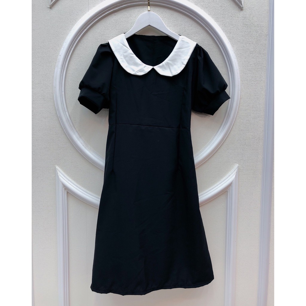 Váy Đen Cổ Bèo Trắng - Đầm Nữ Đẹp Cổ Sen Tay Bồng Maxi Dáng Chữ A