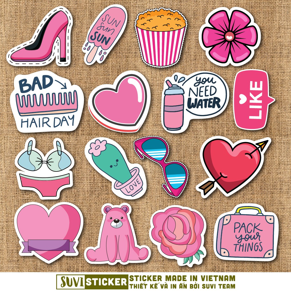 50 Sticker Màu Hồng Pink chống nước sticker dán laptop, điện thoại, đàn guitar, mũ bảo hiểm, vali. MSP: SV152