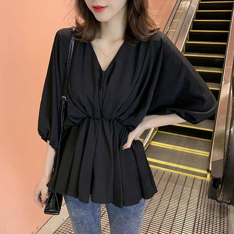 Áo kiểu tay lỡ cổ chữ V chất Chiffon màu trơn thanh lịch