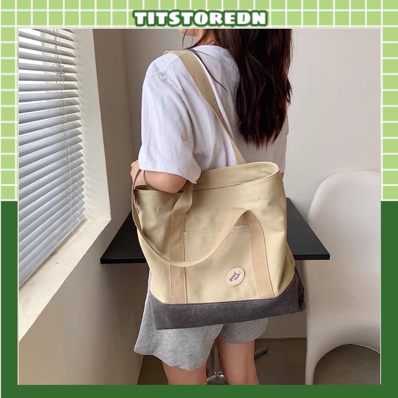 Túi tote đeo vai phối màu quai vải cotton kèm stick Good Luck