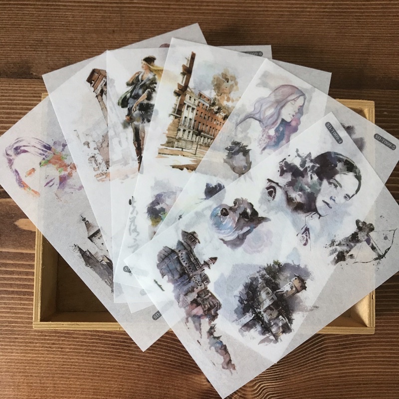 Bộ 6 tấm sticker vintage hình dán dễ thương trang trí sổ tay cute, Nhật ký, Bullet Journal chất liệu washi