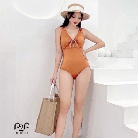 P2P BIKINI - Đồ bơi một mảnh cổ tim, thắt nơ ngực cách điệu màu cam trầm - MN360_HD