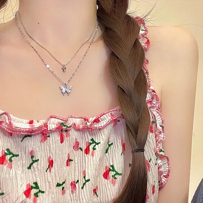 Vòng cổ Hai Lớp Mạ Bạc Mặt Hình Bướm Phong Cách Hàn Quốc Mới