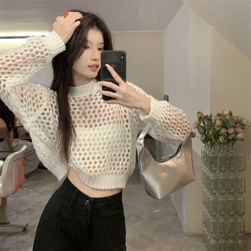 Áo Croptop Dệt Kim Tay Dài Khoét Lỗ Thời Trang Mùa Hè Cho Nữ