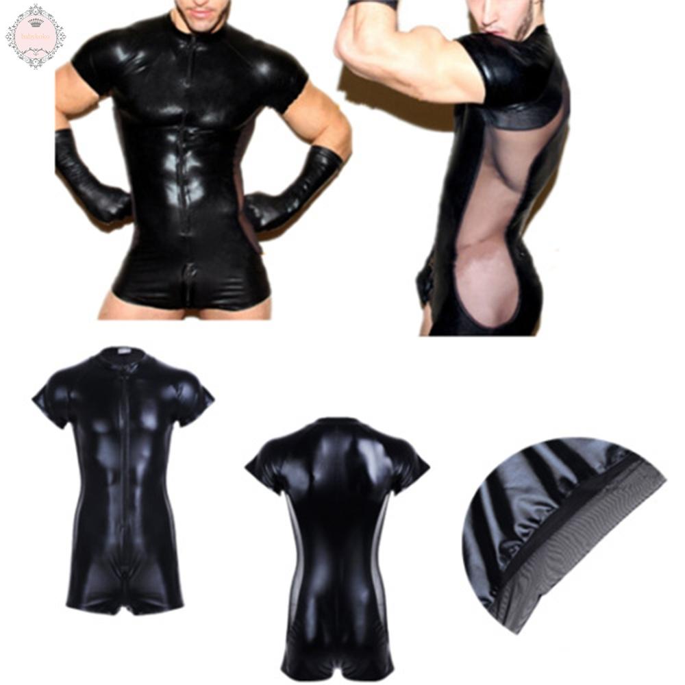 Mens Wet Look Patent Leather Pouch Zip Short Jumpsuit Bodysuit Clubwear Leotard T-shirt Shorts