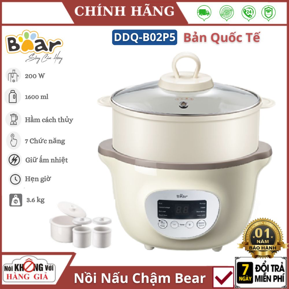 Nồi nấu chậm Bear 1 6L SUBE002 bản quốc tế , tặng 3 thố sứ đa năng ninh hầm cách thủy náu cháo cho bé , bảo hành 12 thán