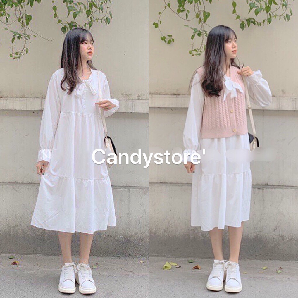 Đầm nữ  🦋 thắt nơ ngực váy trắng và đen đầm dự tiệc đi chơi du lịch váy dài mix kèm áo len gile áo khoác hay cadigant | BigBuy360 - bigbuy360.vn