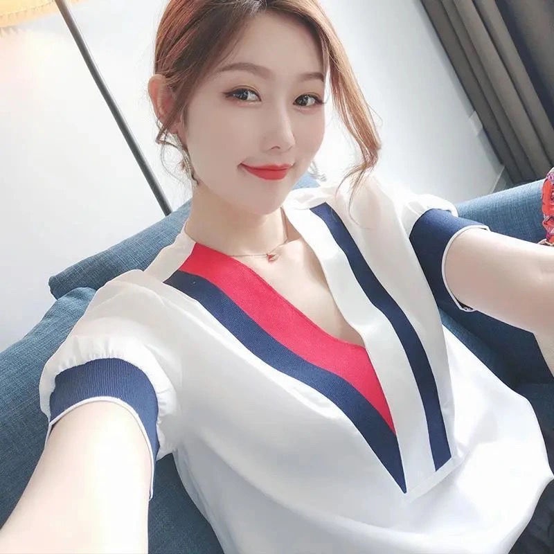 Áo Sơ Mi Chiffon Tay Ngắn Dáng Rộng Cổ Chữ V Màu Sắc Tương Phản Phong Cách Hàn Quốc Cho Nữ Có Size Lớn