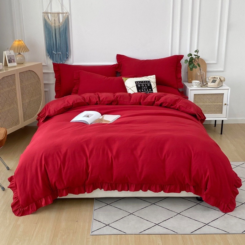 Bộ chăn ga gối viền bèo Cotton tici đáng yêu phong cách vintage Hàn quốc nhiều màu đủ size theo yêu cầu.