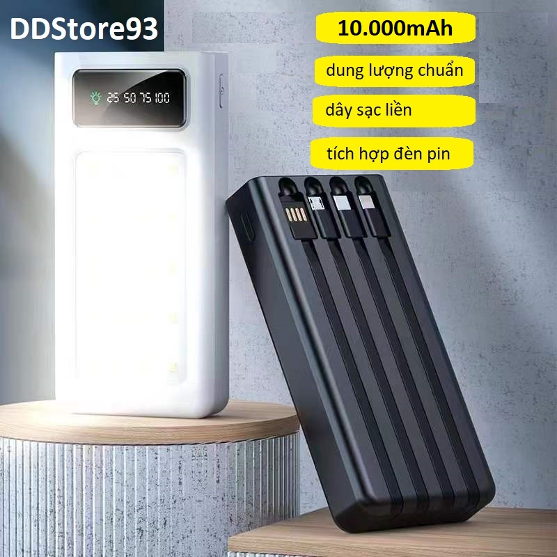 Sạc dự phòng 10000mah tích hợp đèn pin siêu sáng, kèm dây sạc gắn liền Micro, TypeC, Lighting