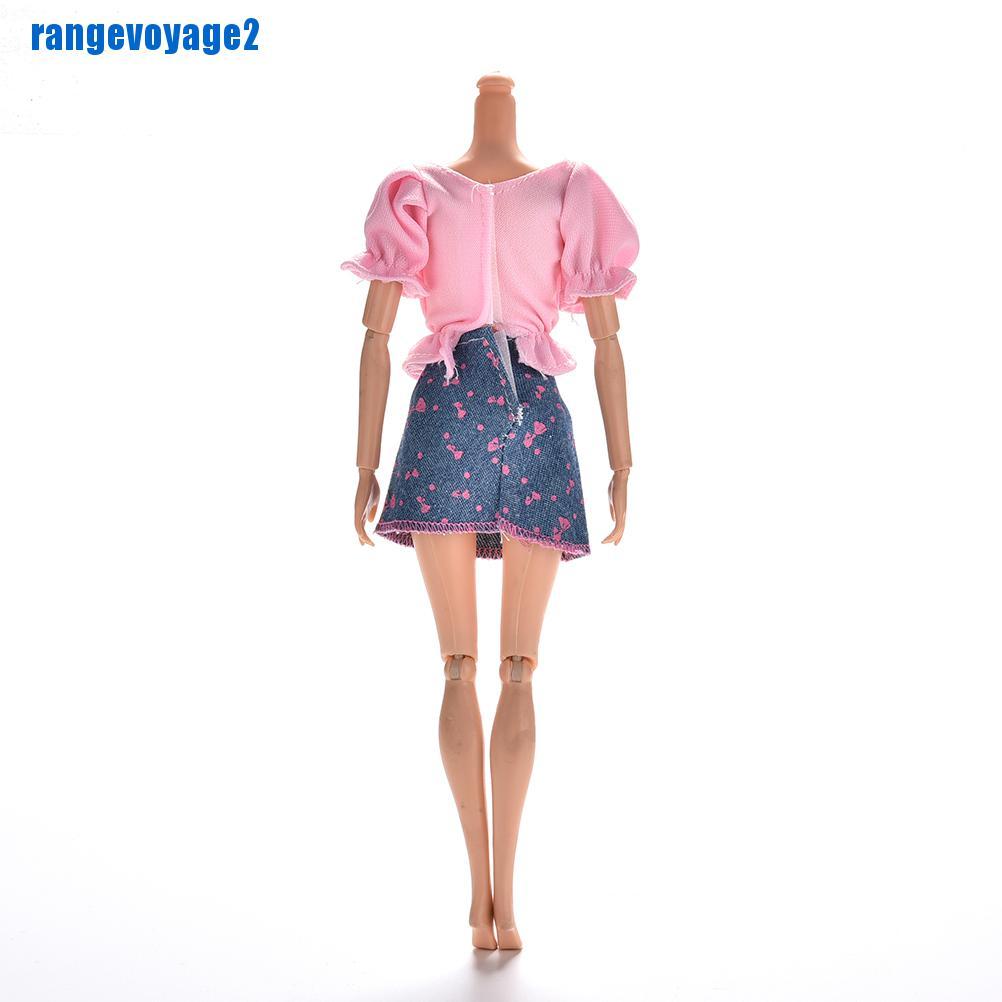 Bộ 2 Áo Thun Màu Hồng + chân váy jean Xanh Cho Búp Bê Barbie (Range11)