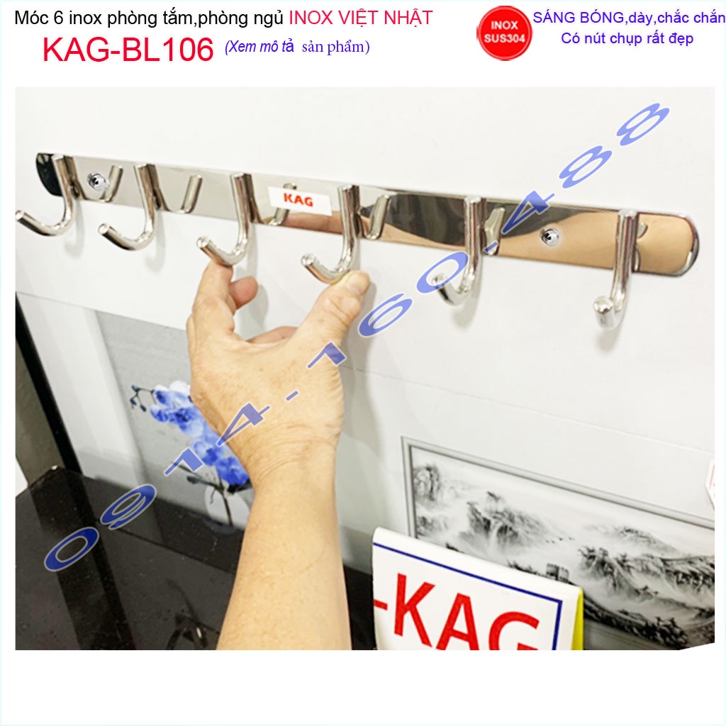 Móc khăn nhà tắm Inox 304 Nhật Bản KAG-BL106, móc 6 Inox đúc tròn cao cấp thiết kế hiện đại siêu bền