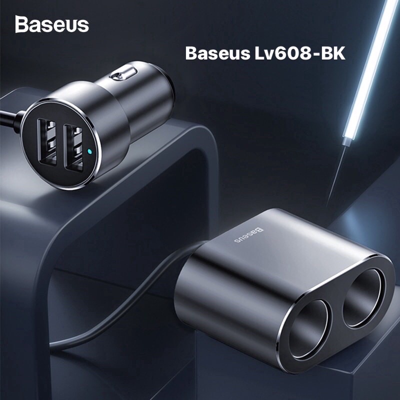 Tẩu xạc ô tô đa năng 2 đầu có dây kéo Baseus LV608-BK