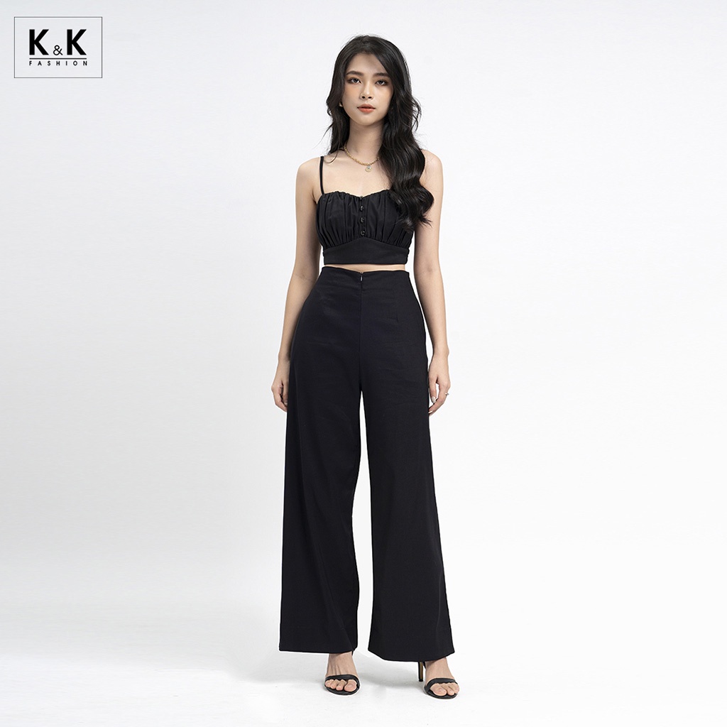 Áo CropTop Đen Hai Dây Đính Nút K&amp;K Fashion ASM06-23 Chất Liệu Kaki Phi Thun Mềm Mát