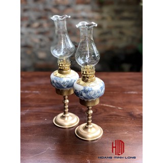 Đèn quả lê sơn thủy nhỏ rạn men chân đồng kích thước 20cm