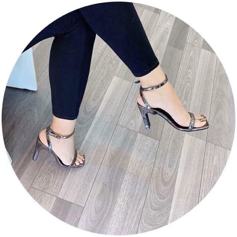 Sandal cao gót da bóng quai mảnh dây cài cổ chân gót dẹt 9p sang chảnh kiểu công sở