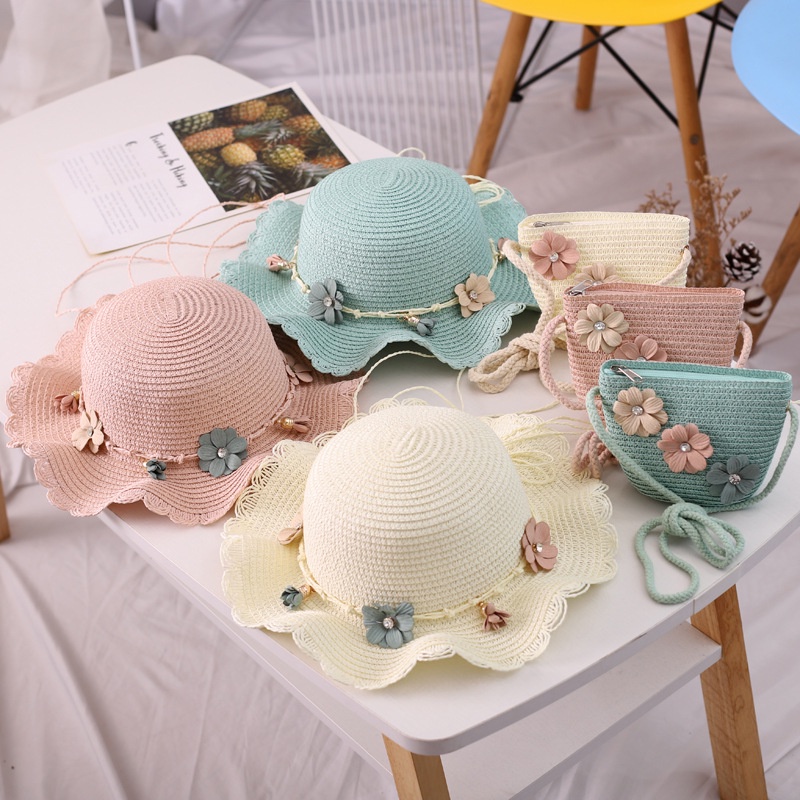Nón Tai Bèo Đan Cói Kèm Túi Đựng Thời Trang Đi Biển Mùa Hè Cho Bé Gái