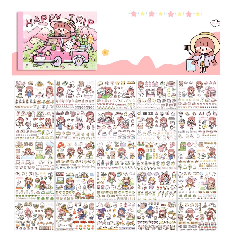 Sổ Sticker Cute Mini Happy Trip 50 Tấm Dụng Cụ Dán Bullet Journal Trang Trí Sổ Tay Nhật Ký ST42
