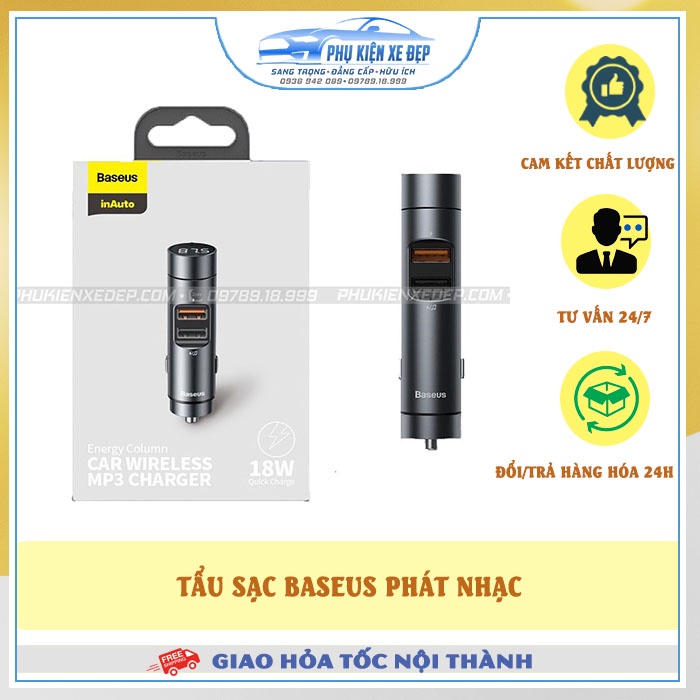 Tẩu sạc ô tô ⚡FREESHIP⚡ Baseus phát nhạc MP3 Bluetooth tích hợp 2 cổng sạc nhanh công suất 18W bảo hành 12 tháng