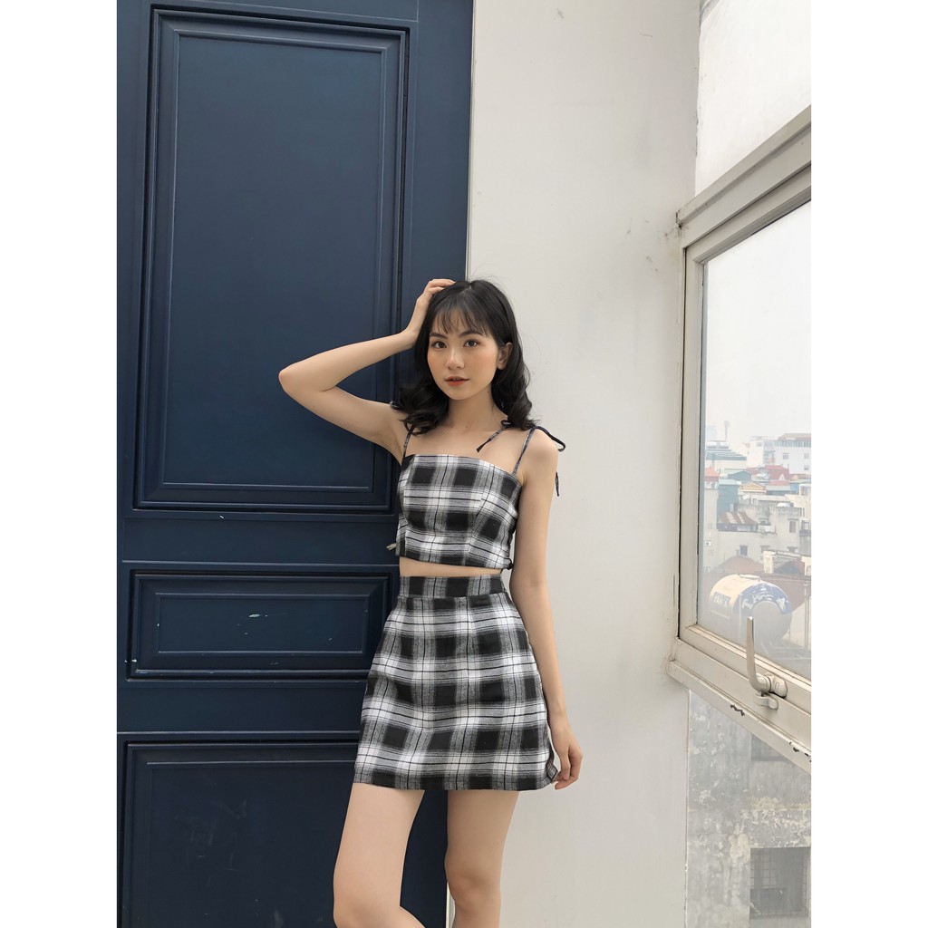 (có đệm ngực) SET ÁO CROPTOP 2 DÂY CARO THẮT NƠ MIX CHÂN VÁY KẺ CHỮ A ULZZANG -(Sắn)