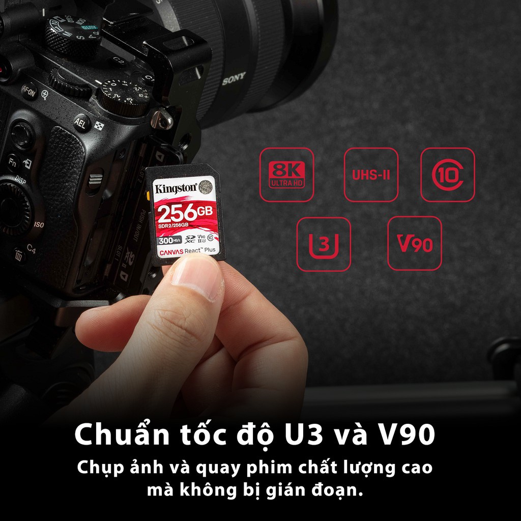 Thẻ Nhớ SD Kingston Canvas React Plus V90 300mbs/260mbs UHS II 64GB camera quay phim chuyên nghiệp 4K/8K 64GB MLPR2/64GB