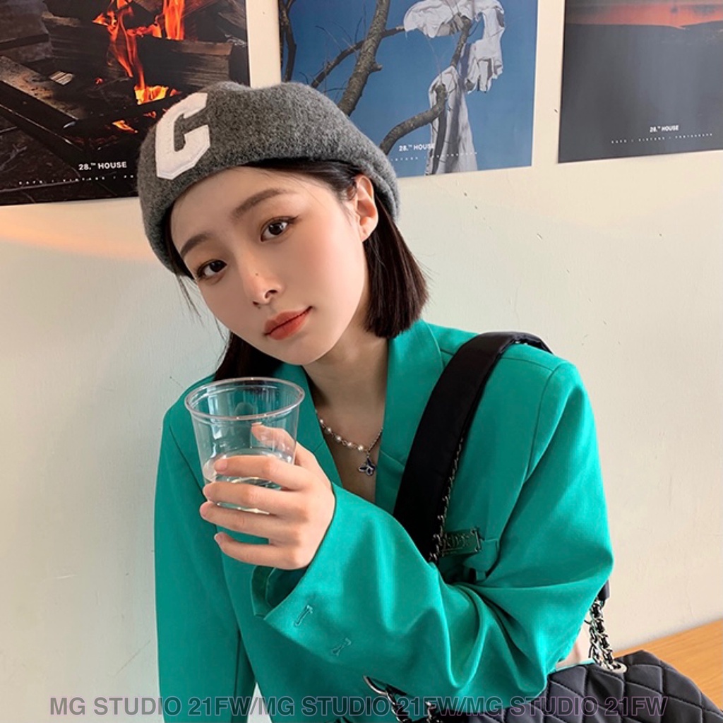 Mũ beret MG STUDIO len thêu chữ cái C 6 màu sắc tùy chọn